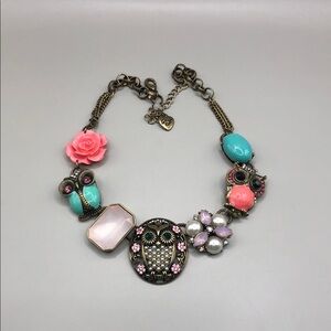 Betsey Johnson roses faux gemstones owl necklace antiqued brass statement style.